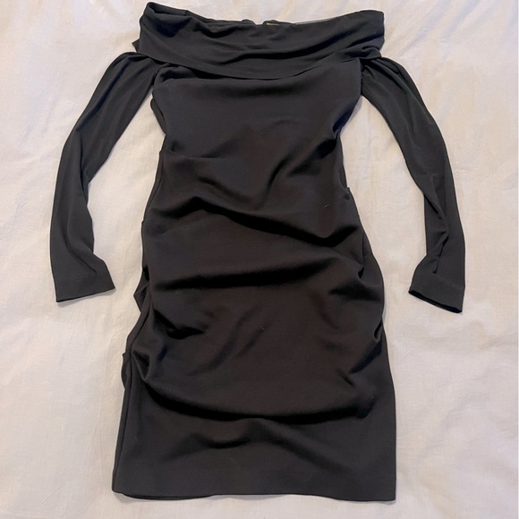 Nicole Miller Artelier Cali Ponte Dress Black Ruched Off-Shoulder Bodycon Med - Picture 1 of 14